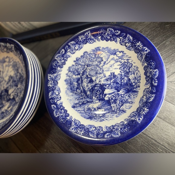 Set of 8 Staffordshire Farmhouse Blue & White Ironstone Shallow Bowls or Plates - Picture 2 of 5